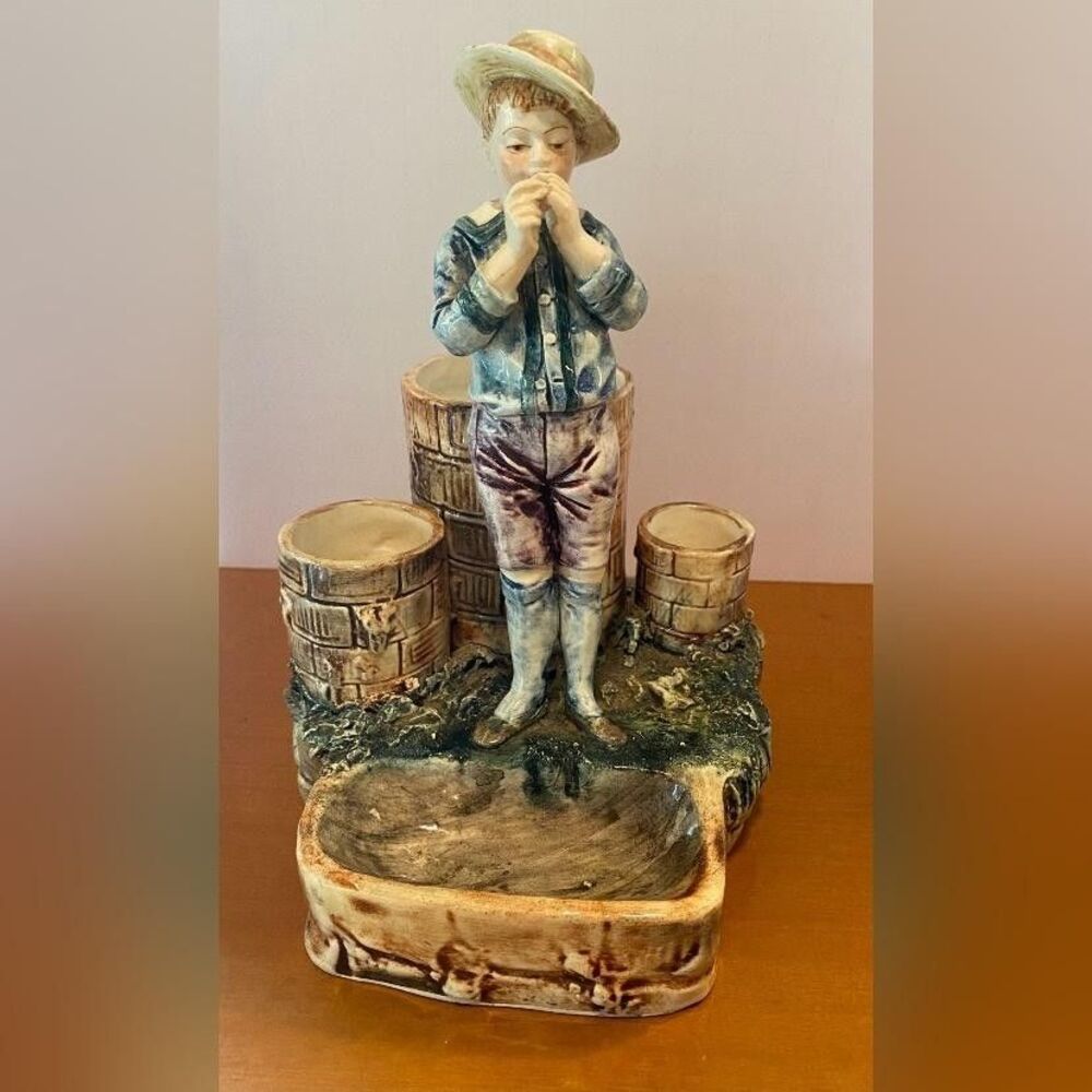 Antique 1890’s Majolica Smoking Boy Pipe Match Holders No Callouts